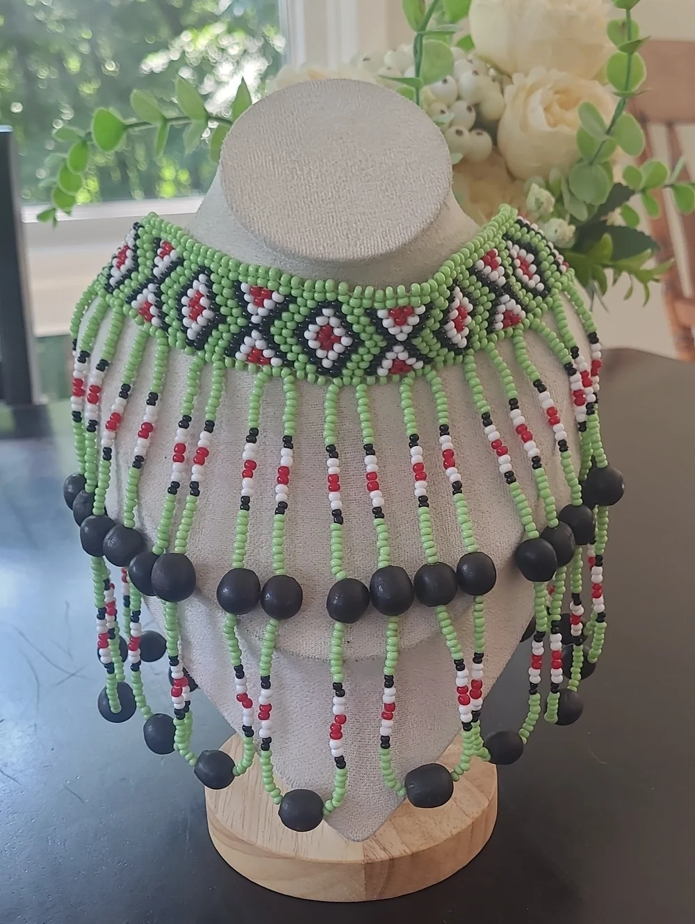 Ukrainian Beaded Sylyanka Fringe Collar Necklace Green Geometric